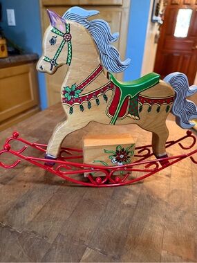 George Good Folk Art Wooden Rocking Horse Music Box Holiday metal frame